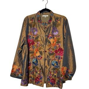 TravelSmith Embroidered
Silk Floral Mandarin Jacket L Excellent Toggle